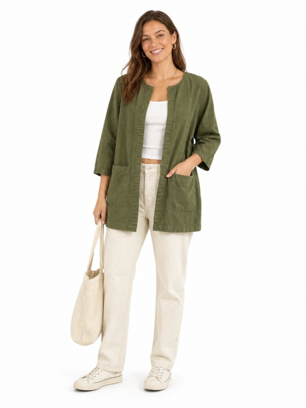Eileen Fisher Organic Cotton Open Front Jacket Olive Green Size S
